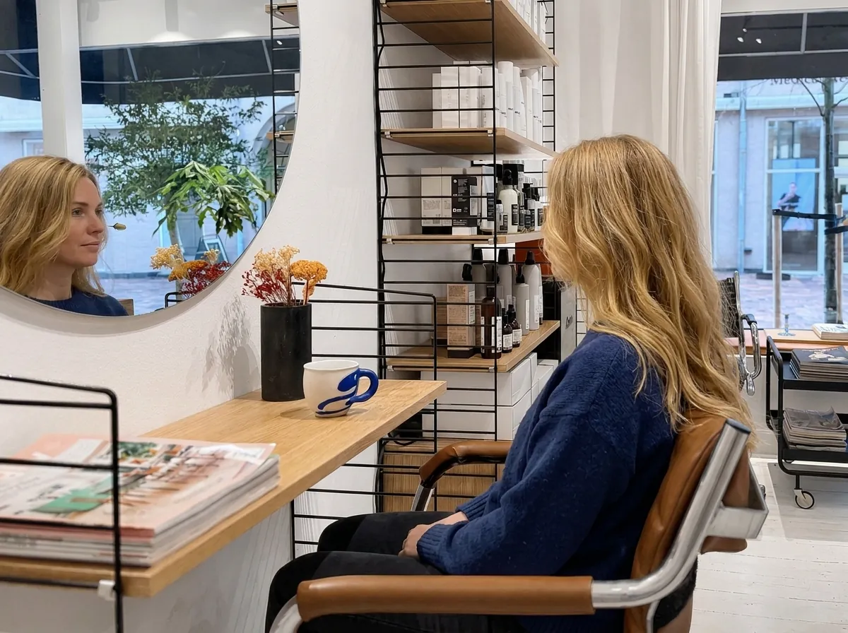 Kvinde med langt blondt hår i frisørstolen ved spejlet hos Frisør Tronborg